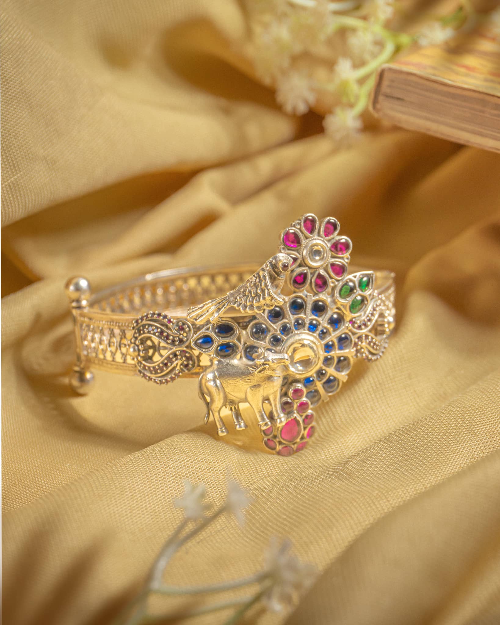 92.5 Sterling Silver Gau Mata & Bird Jadau Bangle | Vrindavan Theme Antique Kada