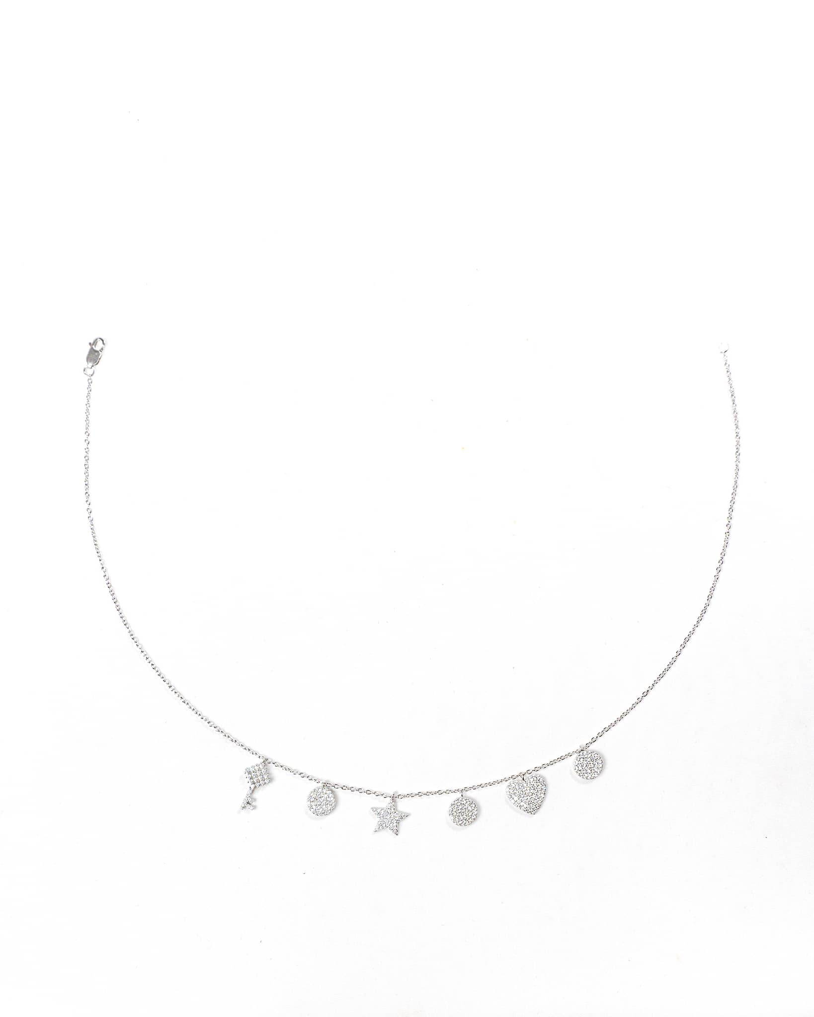 92.5 Sterling Silver Multi-Charm Necklace | CZ Key, Star, Heart & Disc Dangles
