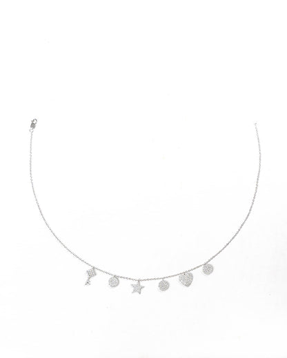 92.5 Sterling Silver Multi-Charm Necklace | CZ Key, Star, Heart &amp; Disc Dangles