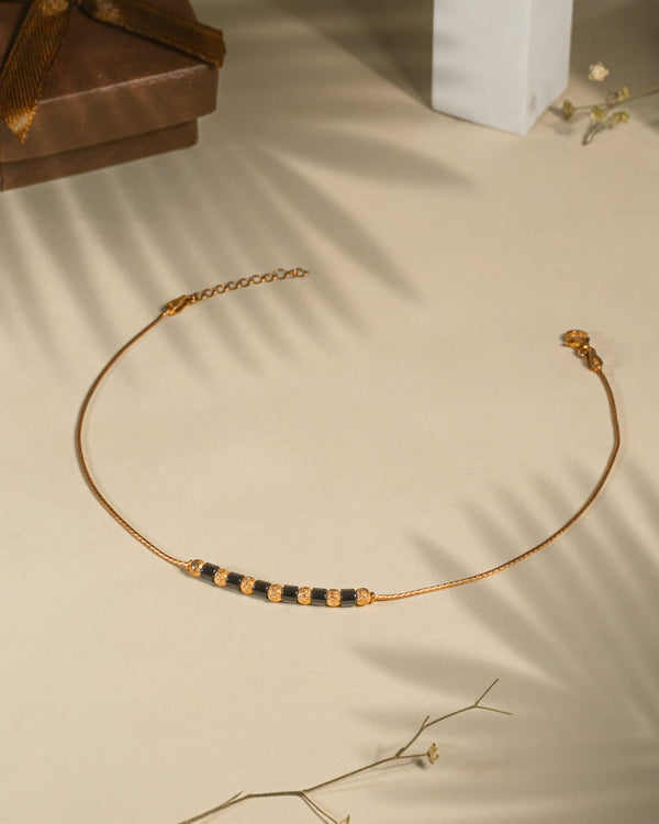 925 Sterling Silver Rose Gold Plated Single Anklet with Black Beads | Modern Nazariya Payal