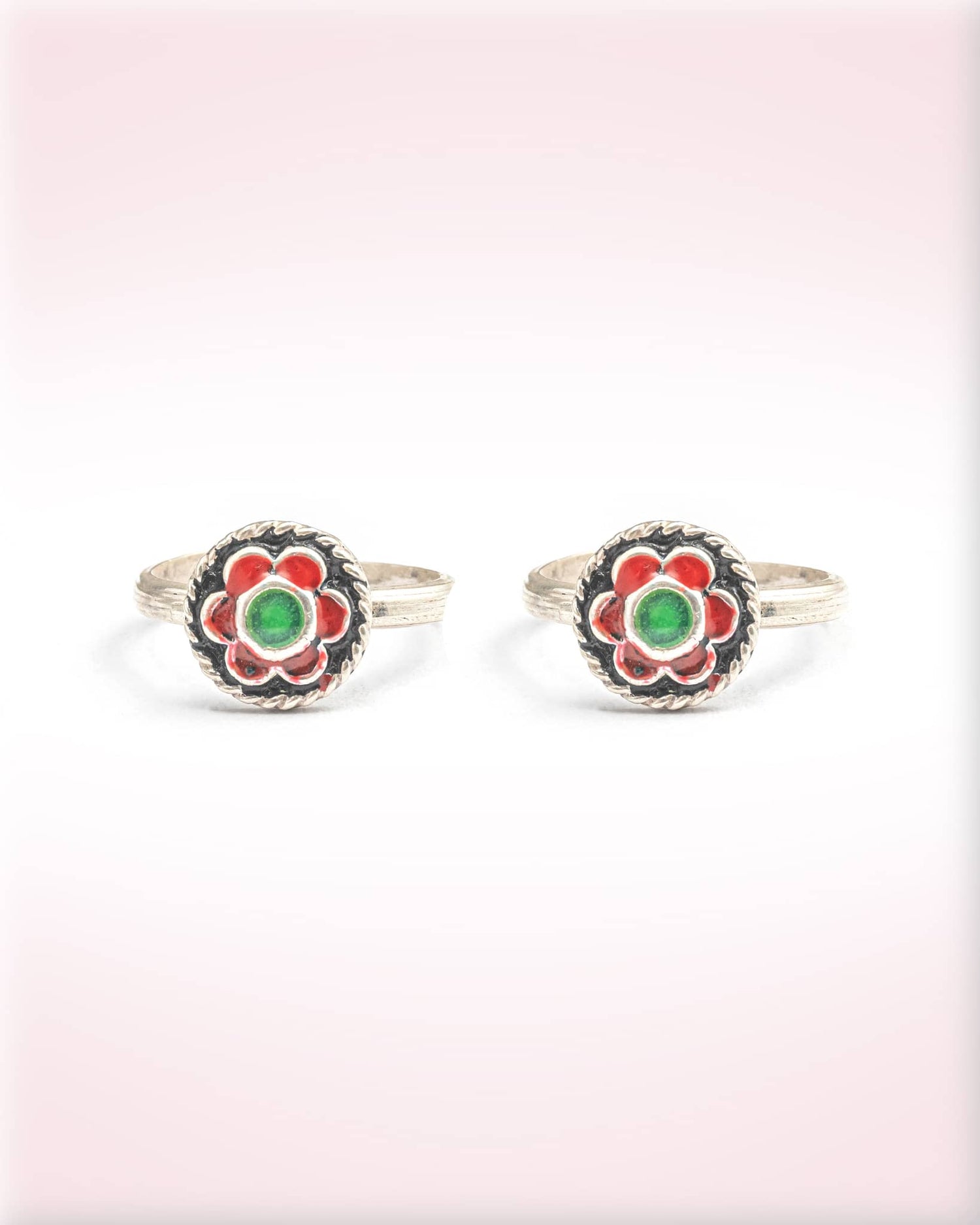 92.5 Sterling Silver Red &amp; Green Enamel Toe Rings | Traditional Meenakari Bichhiya