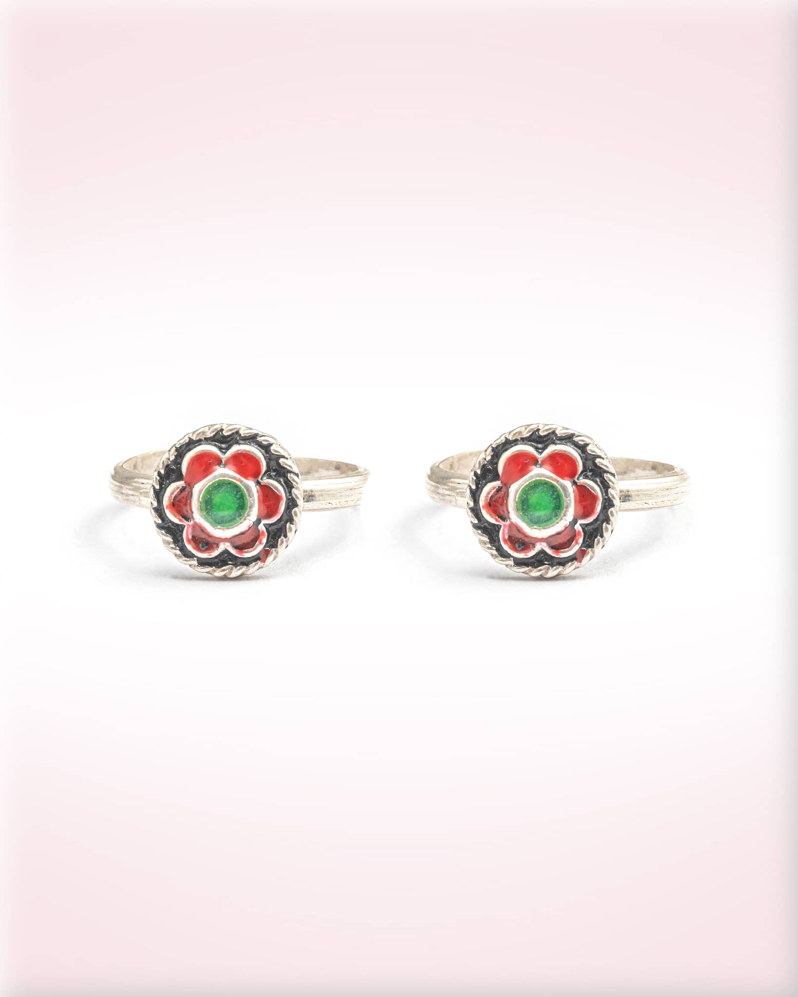 92.5 Sterling Silver Red & Green Enamel Toe Rings | Traditional Meenakari Bichhiya