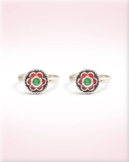 92.5 Sterling Silver Red &amp; Green Enamel Toe Rings | Traditional Meenakari Bichhiya