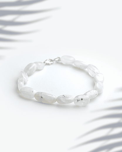 Natural White Rainbow Moonstone Oval Bracelet with Silver Clasp | Smooth Healing Crystal