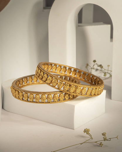 Gold Plated 925 Sterling Silver Temple Bangles (Pair) | Traditional Floral Kangan