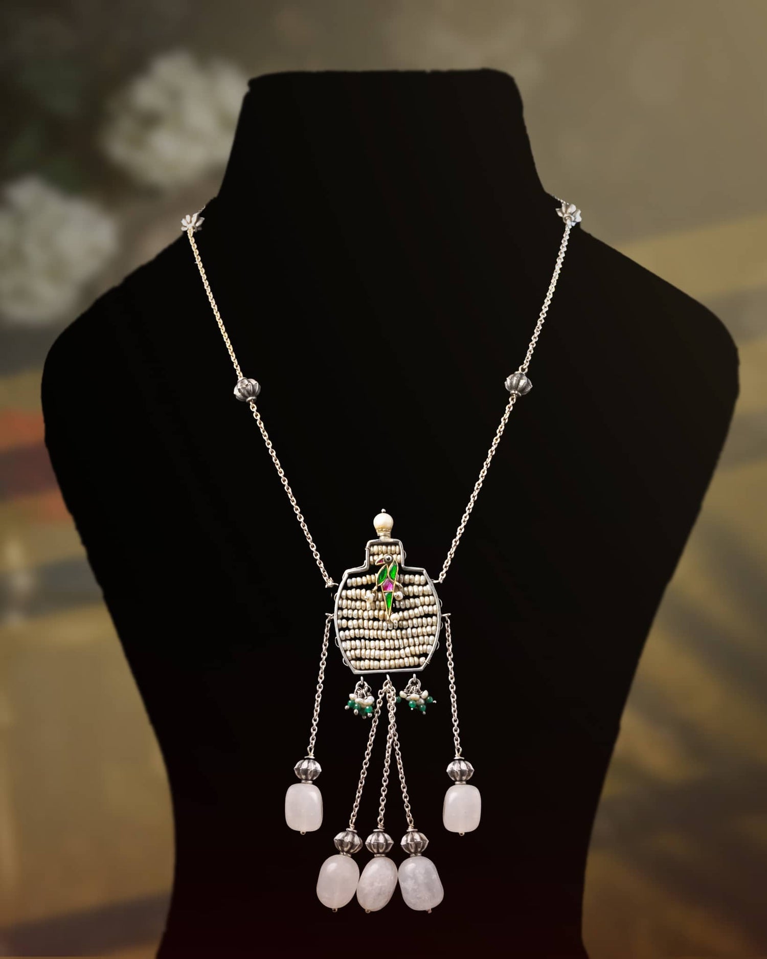 92.5 Sterling Silver Pearl Woven Pendant Long Necklace | Enamel Bird &amp; Rose Quartz Tassel Haar
