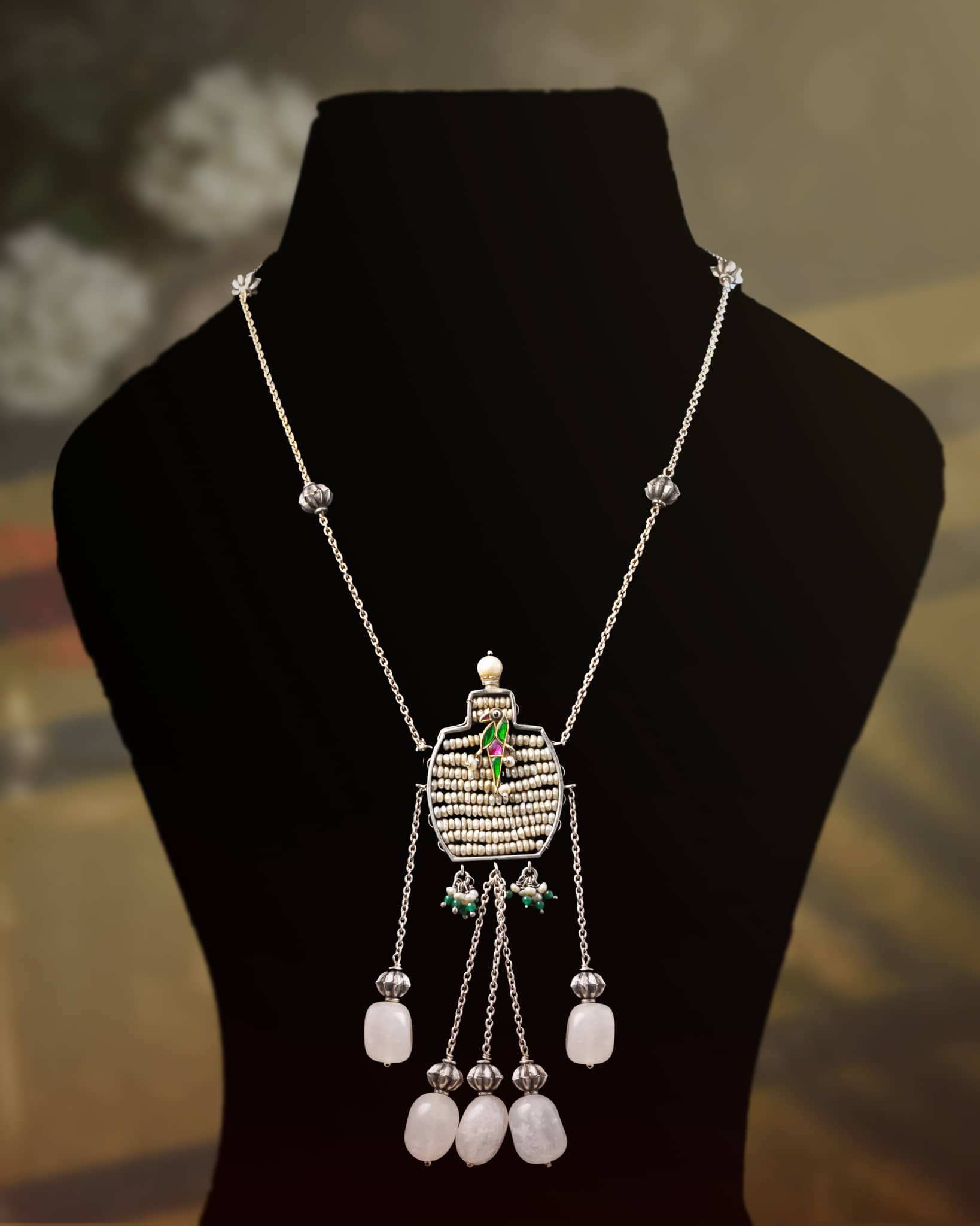 92.5 Sterling Silver Pearl Woven Pendant Long Necklace | Enamel Bird & Rose Quartz Tassel Haar