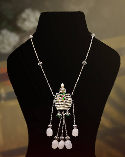 92.5 Sterling Silver Pearl Woven Pendant Long Necklace | Enamel Bird &amp; Rose Quartz Tassel Haar