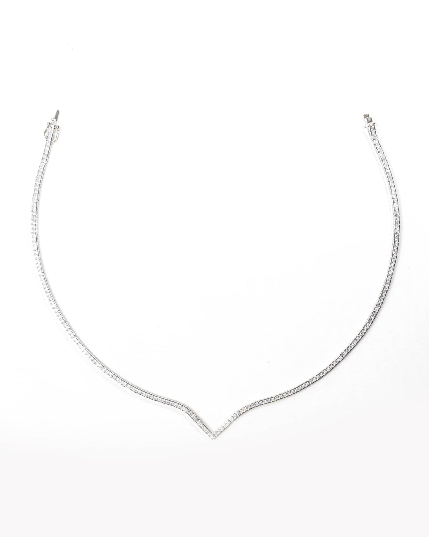 92.5 Sterling Silver Princess Cut V-Shape Tennis Necklace | Modern Chevron CZ Collar