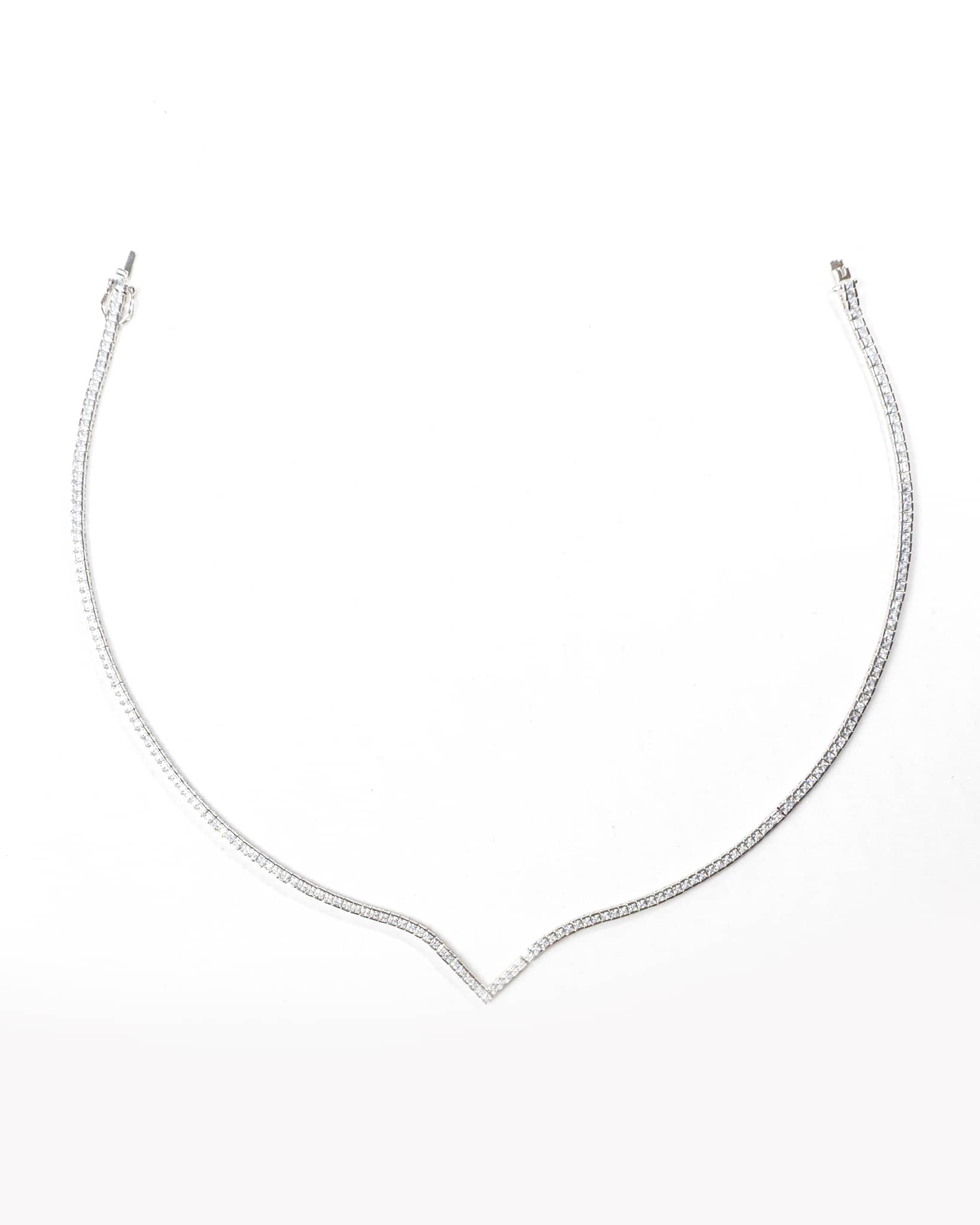 92.5 Sterling Silver Princess Cut V-Shape Tennis Necklace | Modern Chevron CZ Collar