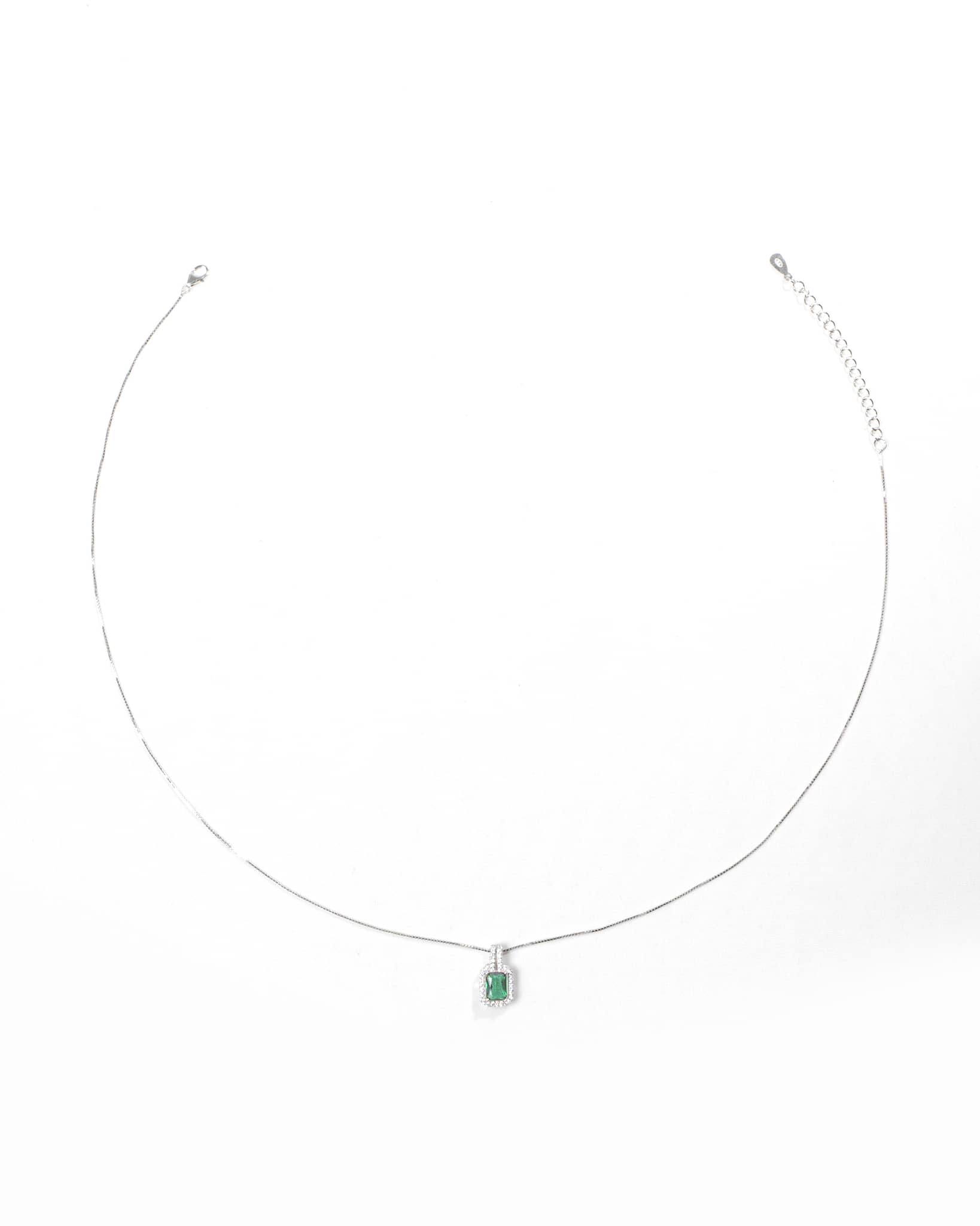 92.5 Sterling Silver Emerald Green Solitaire Halo Pendant Necklace | Rectangle CZ Charm