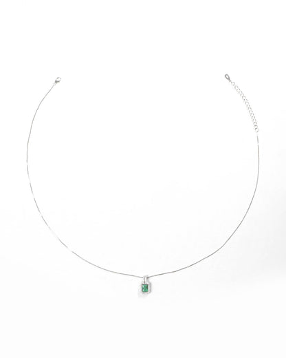 92.5 Sterling Silver Emerald Green Solitaire Halo Pendant Necklace | Rectangle CZ Charm