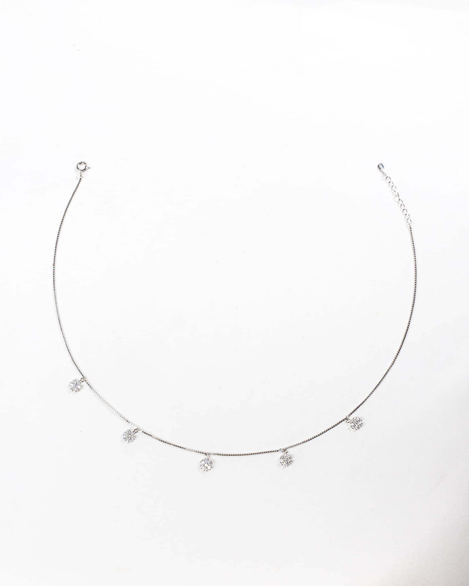 92.5 Sterling Silver Floral Cluster Station Necklace | CZ Flower Dangle Chain