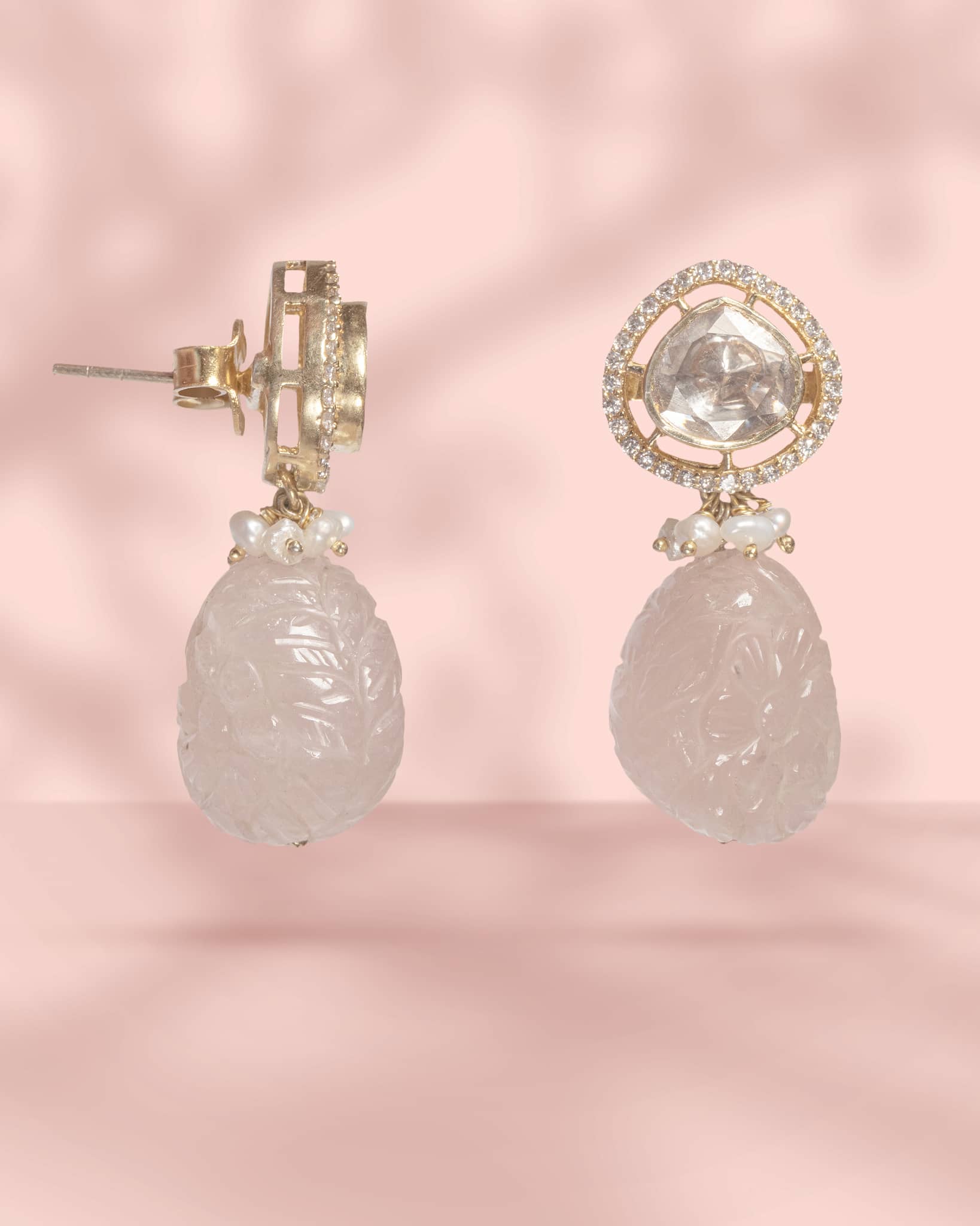 Premium 925 Sterling Silver Gold Plated Carved Pink Stone Drop Earrings | Polki & AD Stud