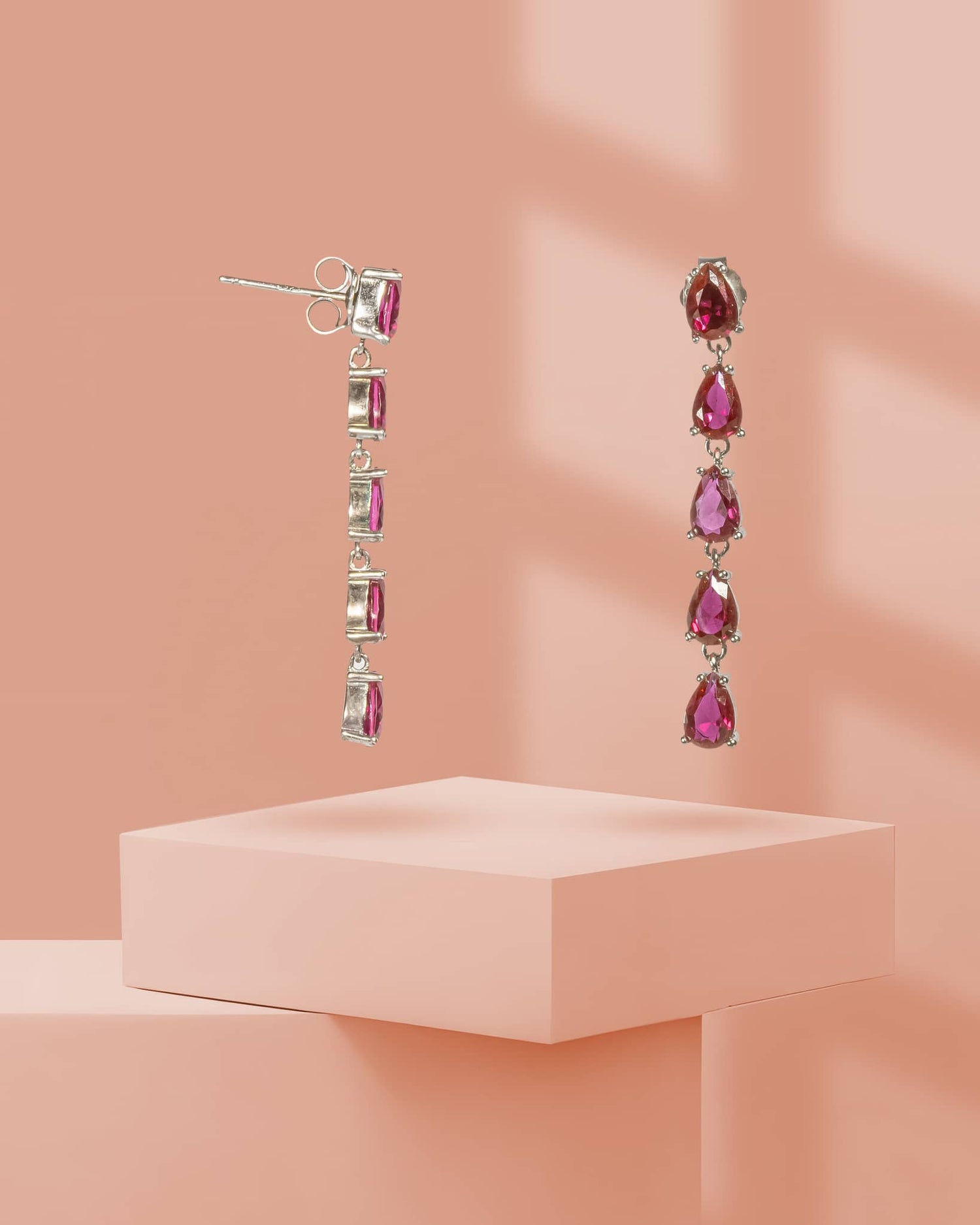 925 Sterling Silver Long Linear Ruby Drop Earrings | 5-Stone Teardrop Dangler