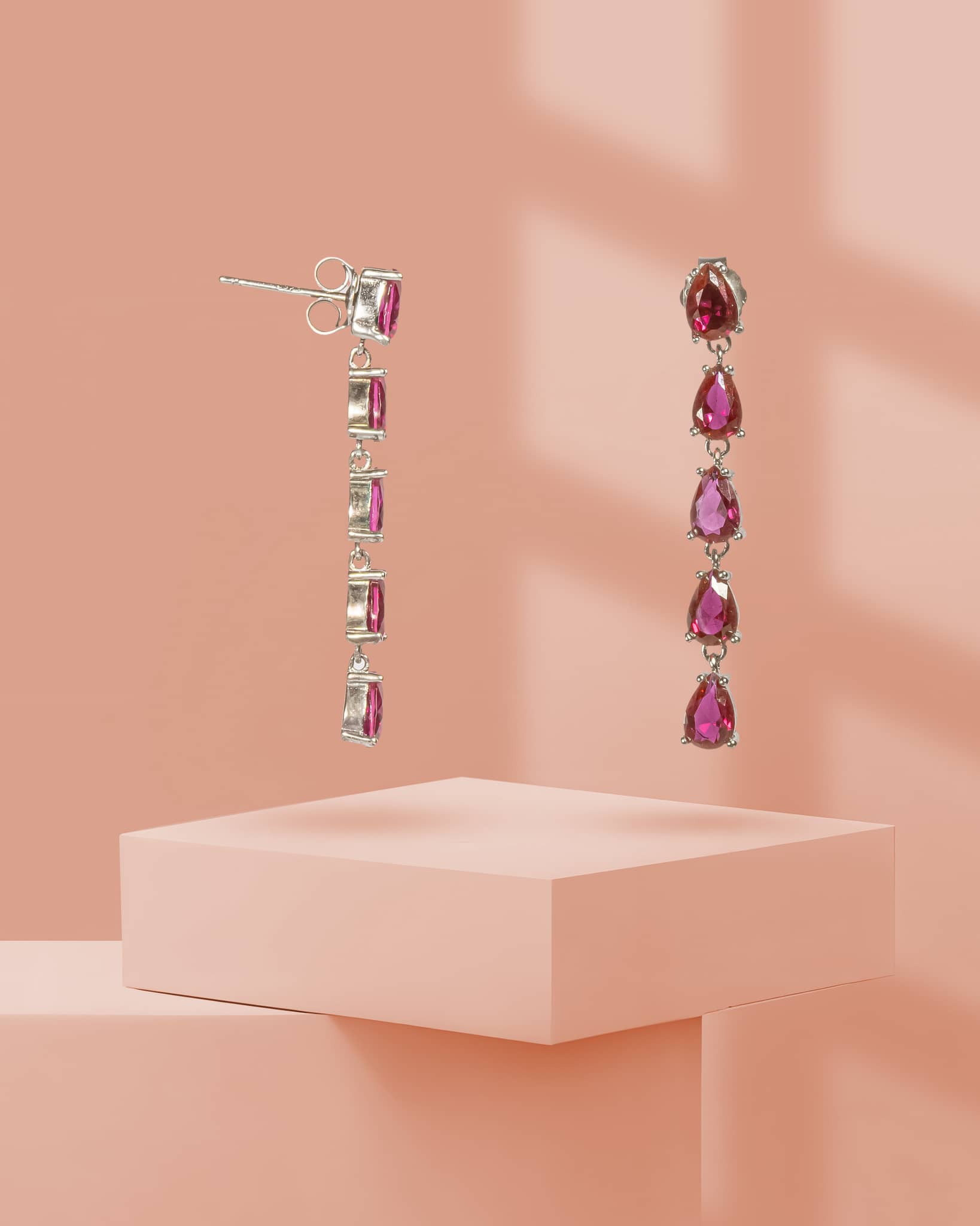 925 Sterling Silver Long Linear Ruby Drop Earrings | 5-Stone Teardrop Dangler