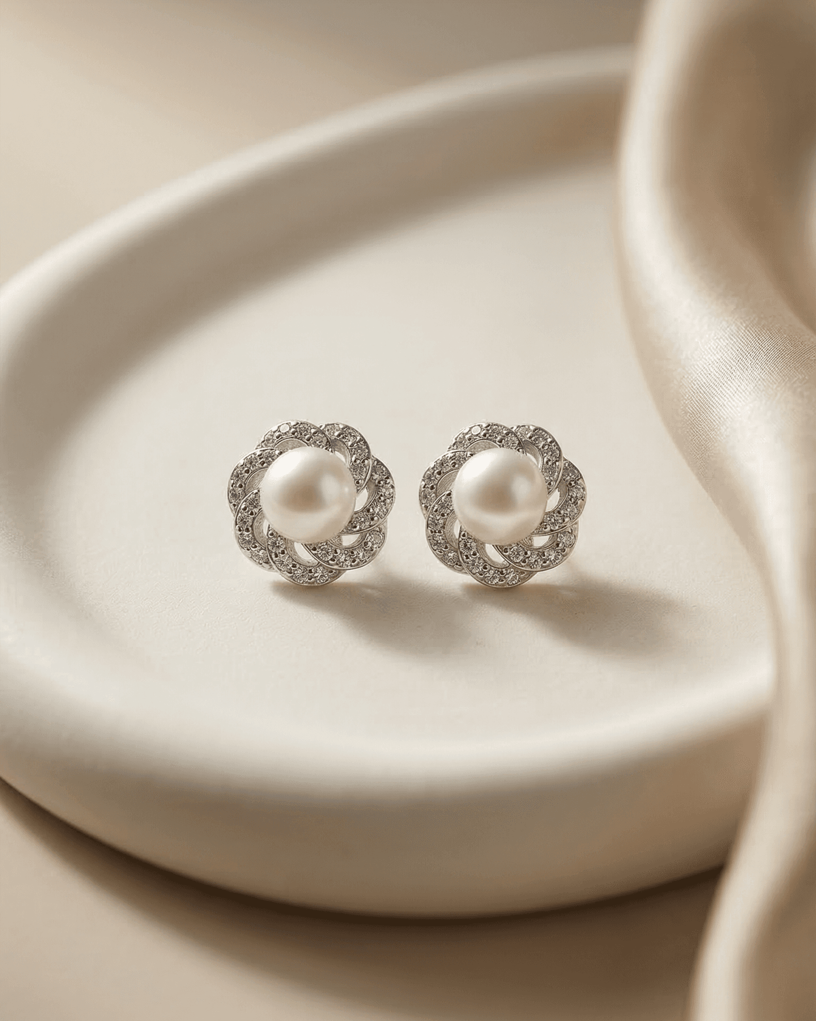 92.5 Sterling Silver Pearl & CZ Swirl Pendant Set | Floral Halo Studs (Chain Not Included)