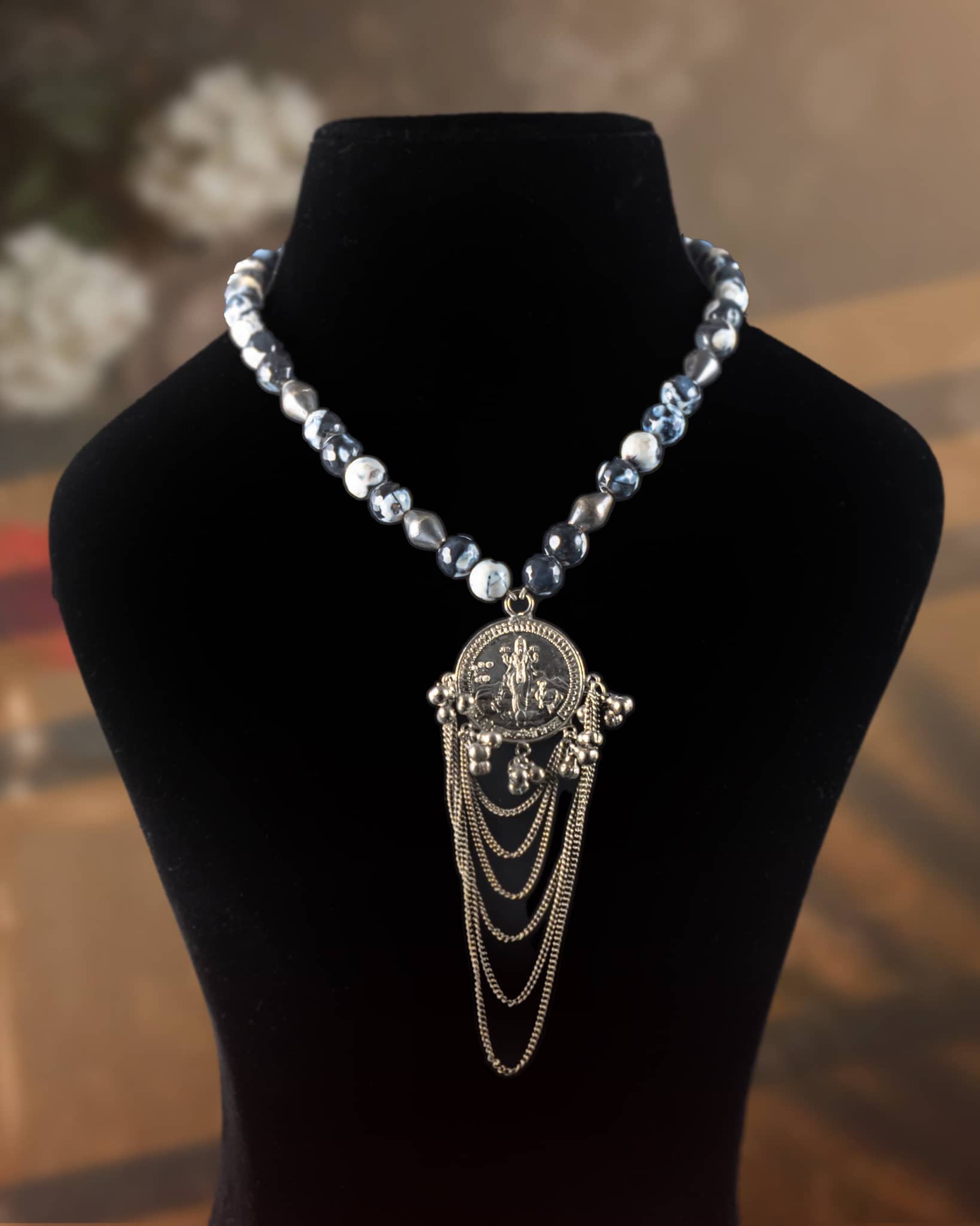 92.5 Sterling Silver Grey Agate Bead Necklace | Lakshmi Coin Pendant with Chain Tassels