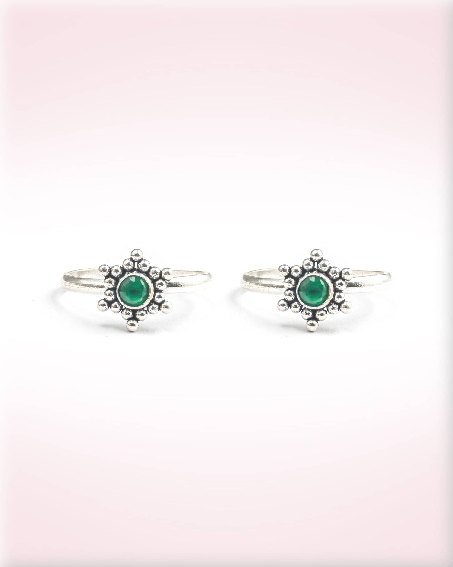 92.5 Sterling Silver Oxidized Green Stone Sunburst Toe Rings | Antique Beaded Bichhiya