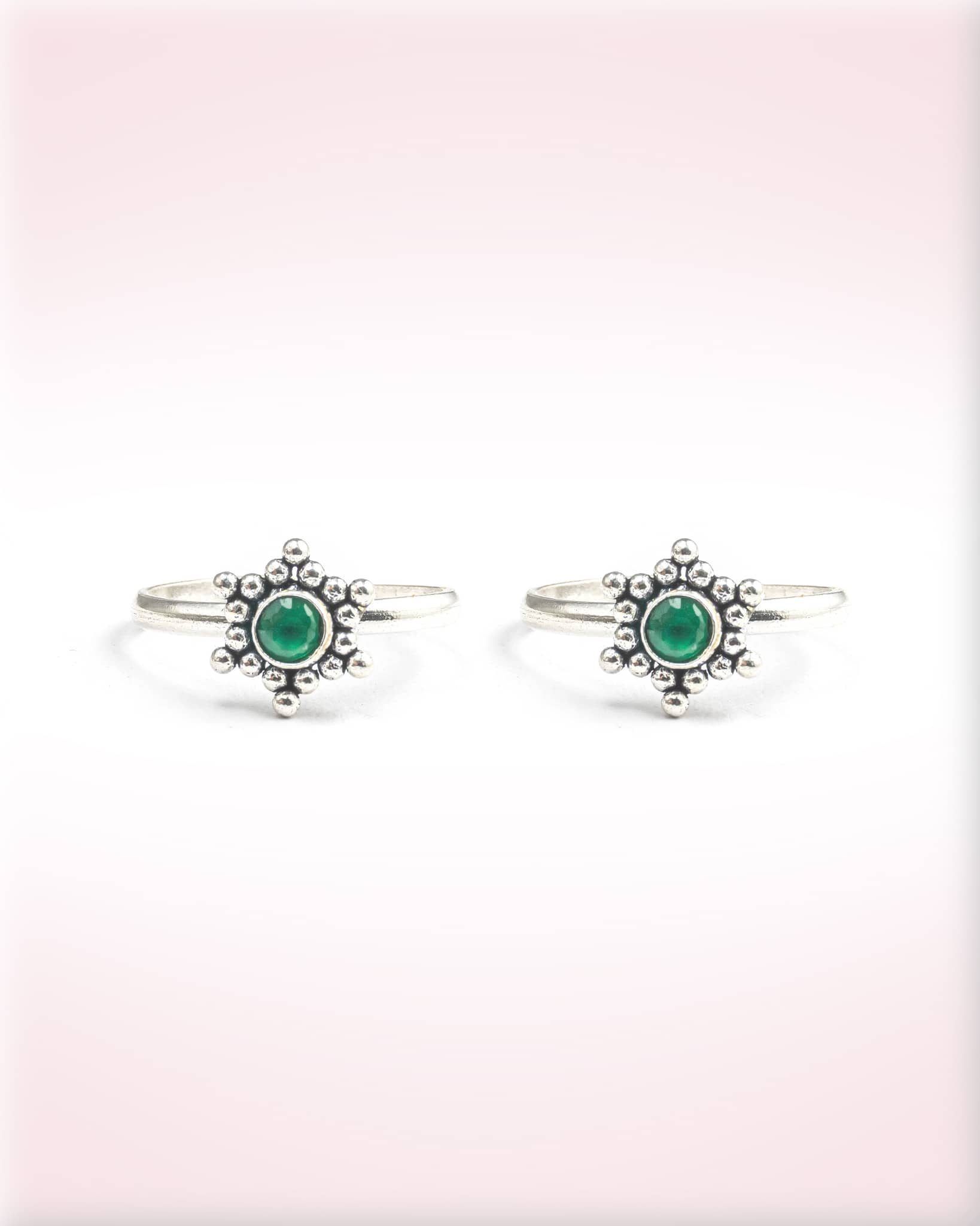 92.5 Sterling Silver Oxidized Green Stone Sunburst Toe Rings | Antique Beaded Bichhiya