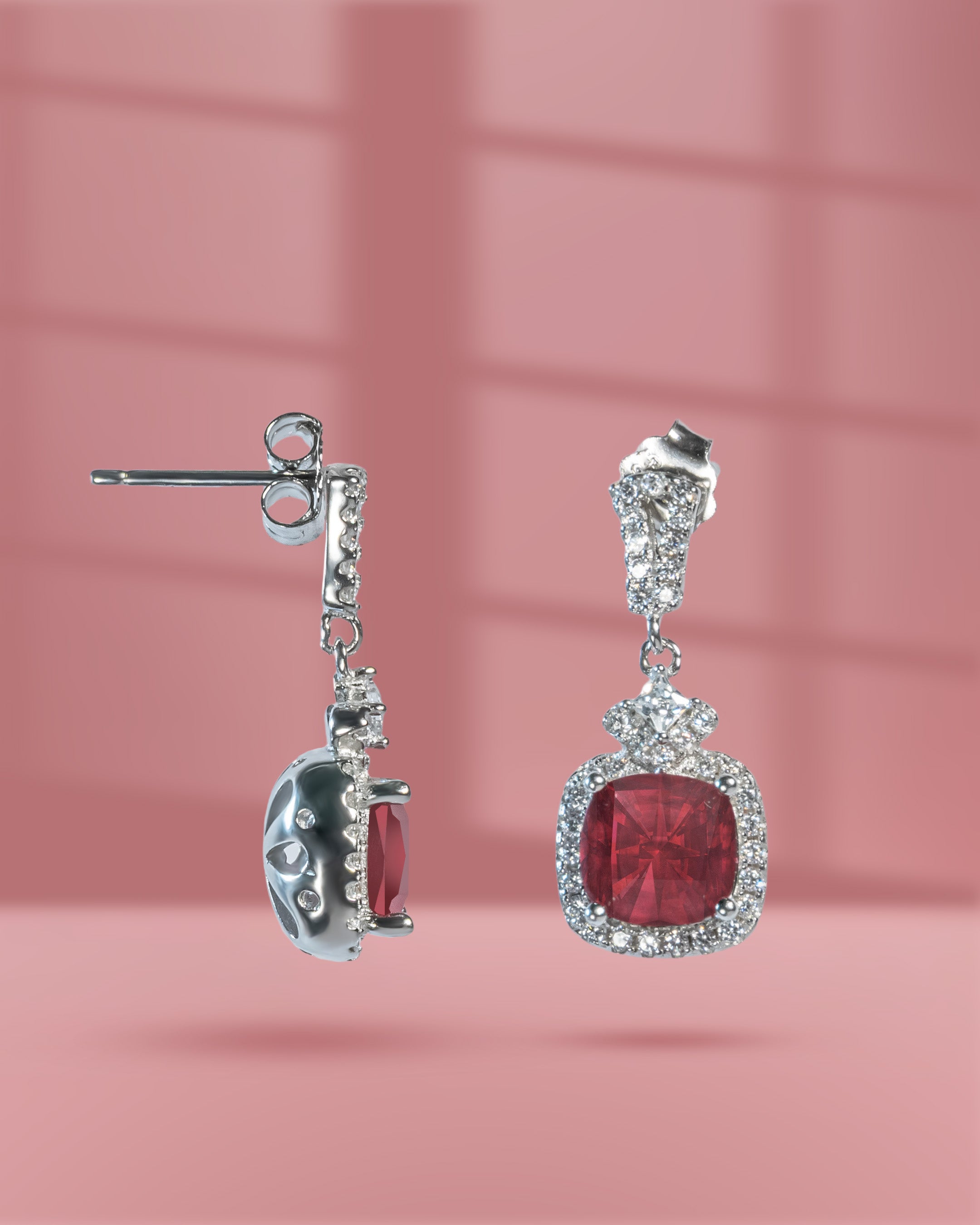 925 Sterling Silver Square Ruby Halo Earrings | Cushion Cut American Diamond Drop