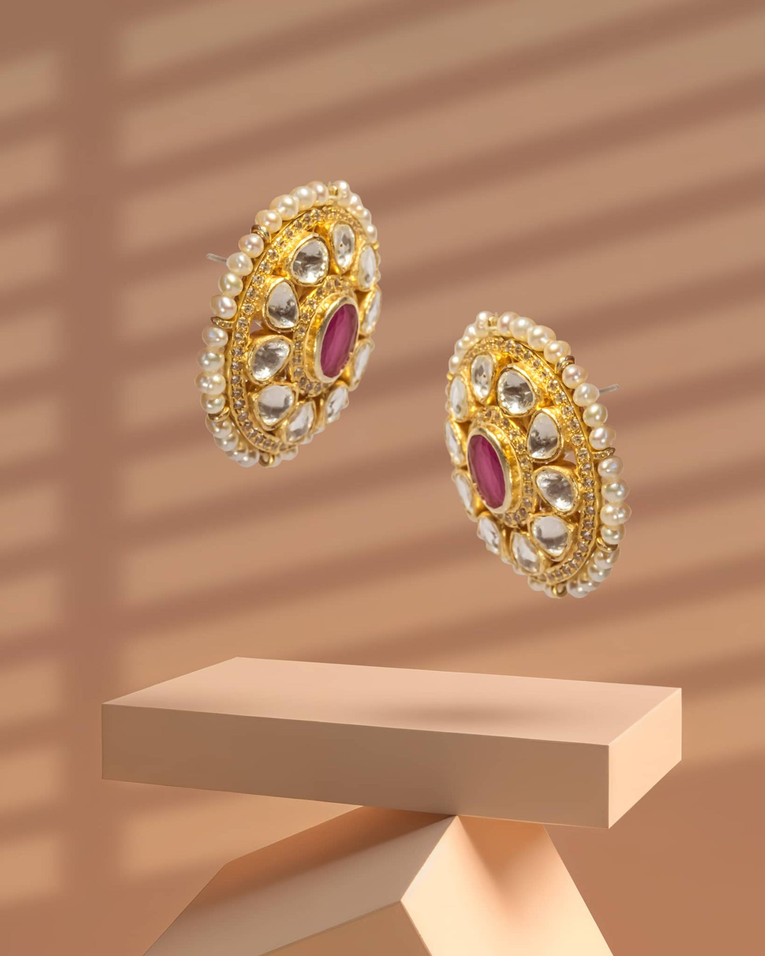 Gold Plated Ruby Polki Stud Earrings with Pearl Halo | Traditional Jadau Tops
