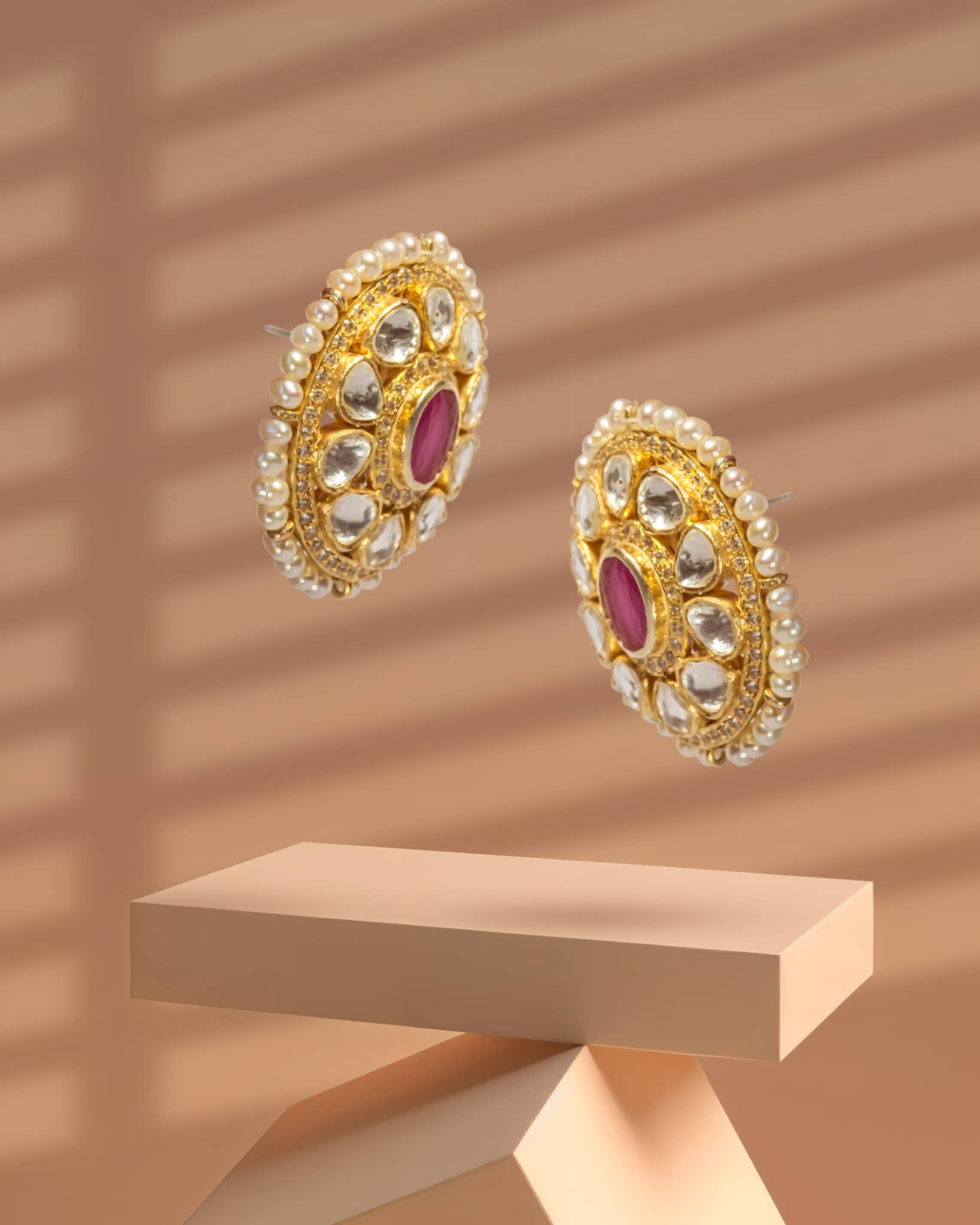 Gold Plated Ruby Polki Stud Earrings with Pearl Halo | Traditional Jadau Tops