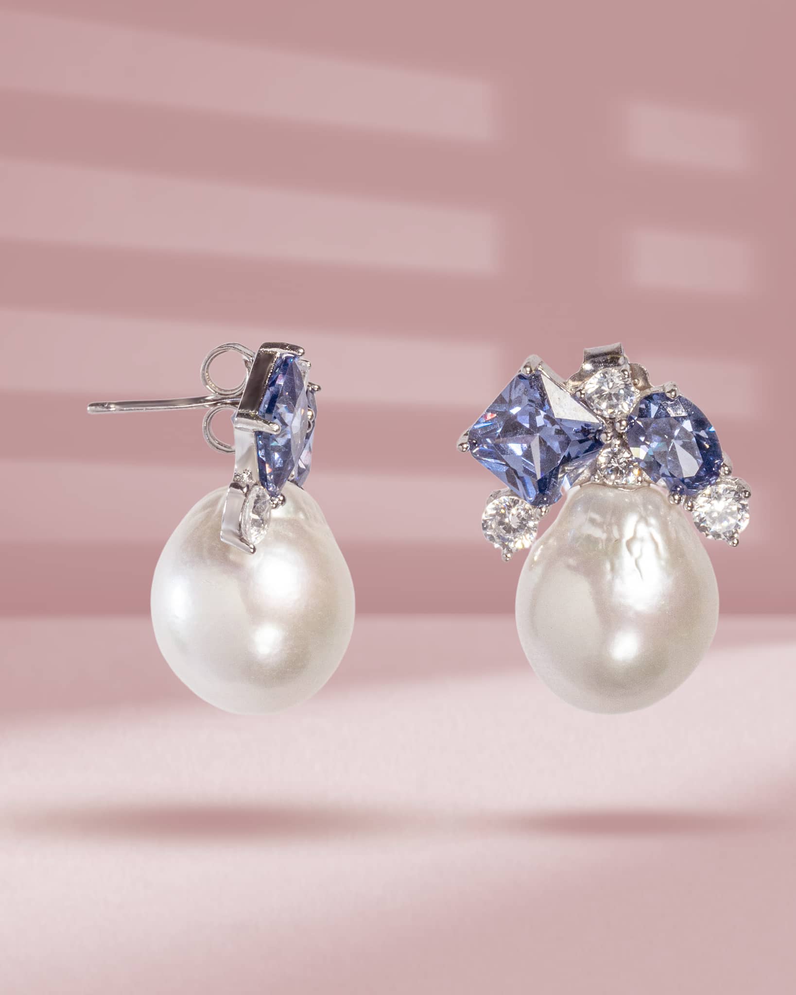 925 Sterling Silver Baroque Pearl Drop Earrings | Geometric Blue Sapphire & AD Studs