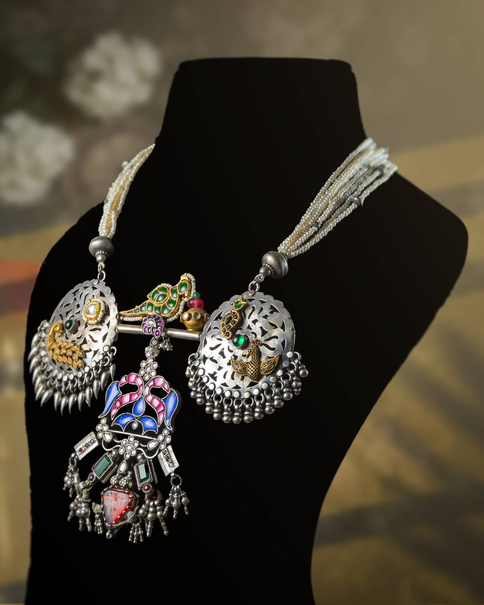 92.5 Sterling Silver Dual Tone Peacock Enamel Statement Necklace | Pearl Strung Aad