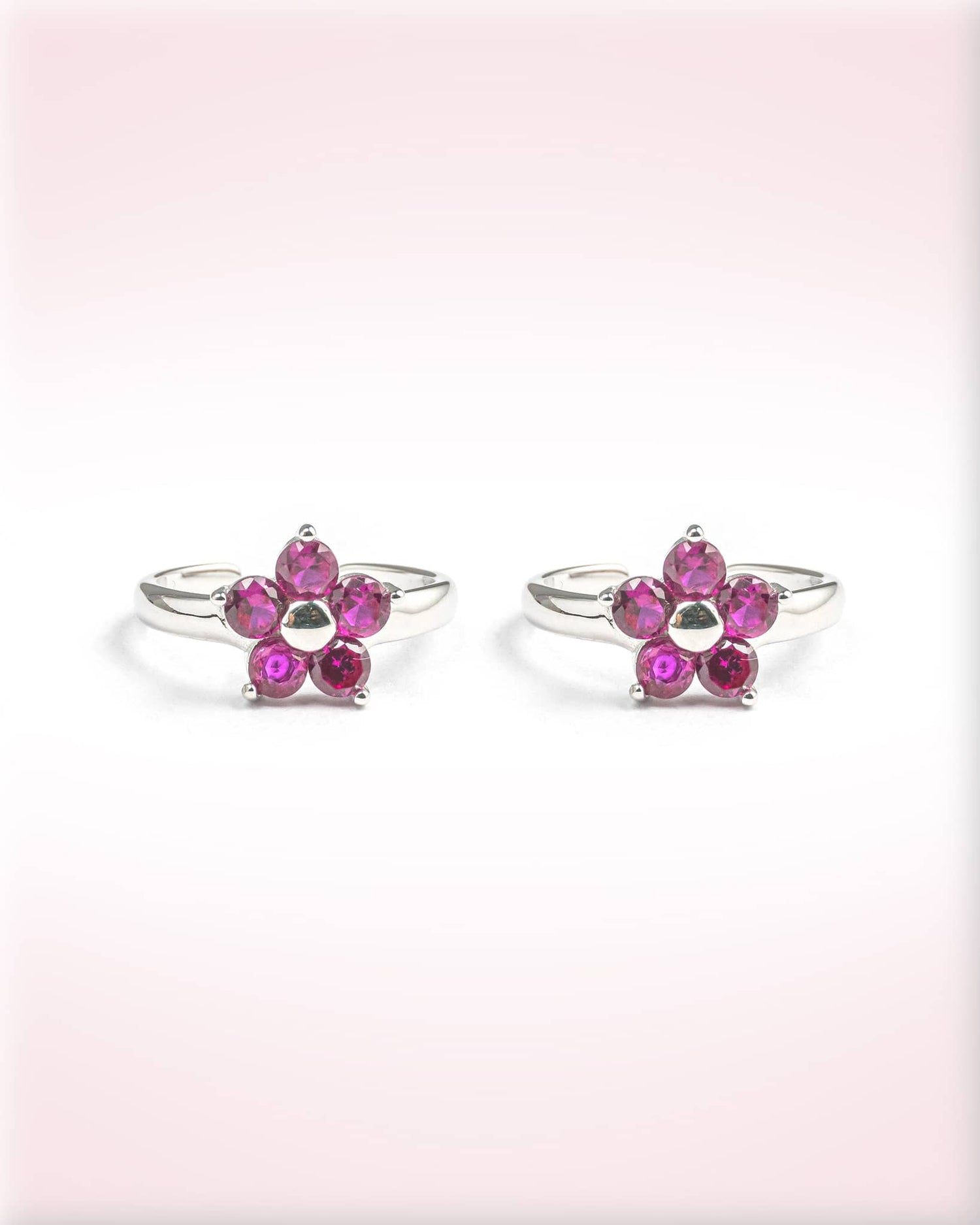 92.5 Sterling Silver Floral Pink Stone Toe Rings (Pair) | Adjustable Ruby Bichhiya