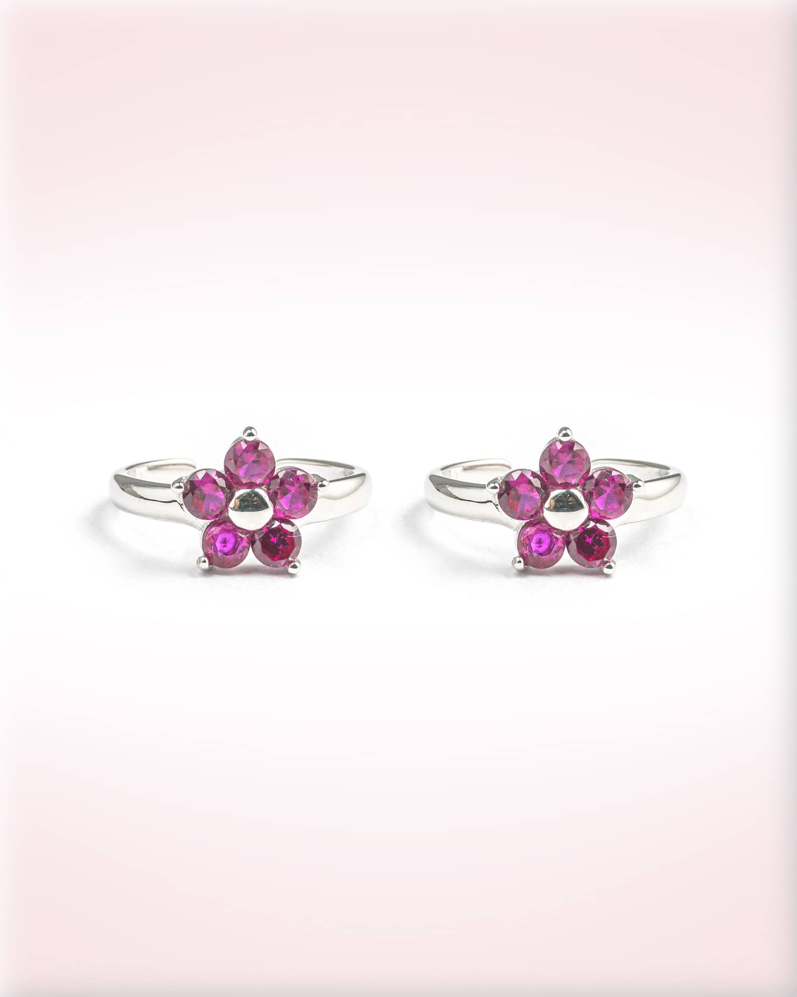 92.5 Sterling Silver Floral Pink Stone Toe Rings (Pair) | Adjustable Ruby Bichhiya