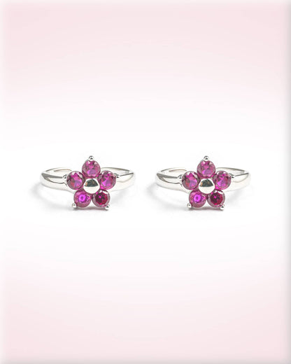92.5 Sterling Silver Floral Pink Stone Toe Rings (Pair) | Adjustable Ruby Bichhiya