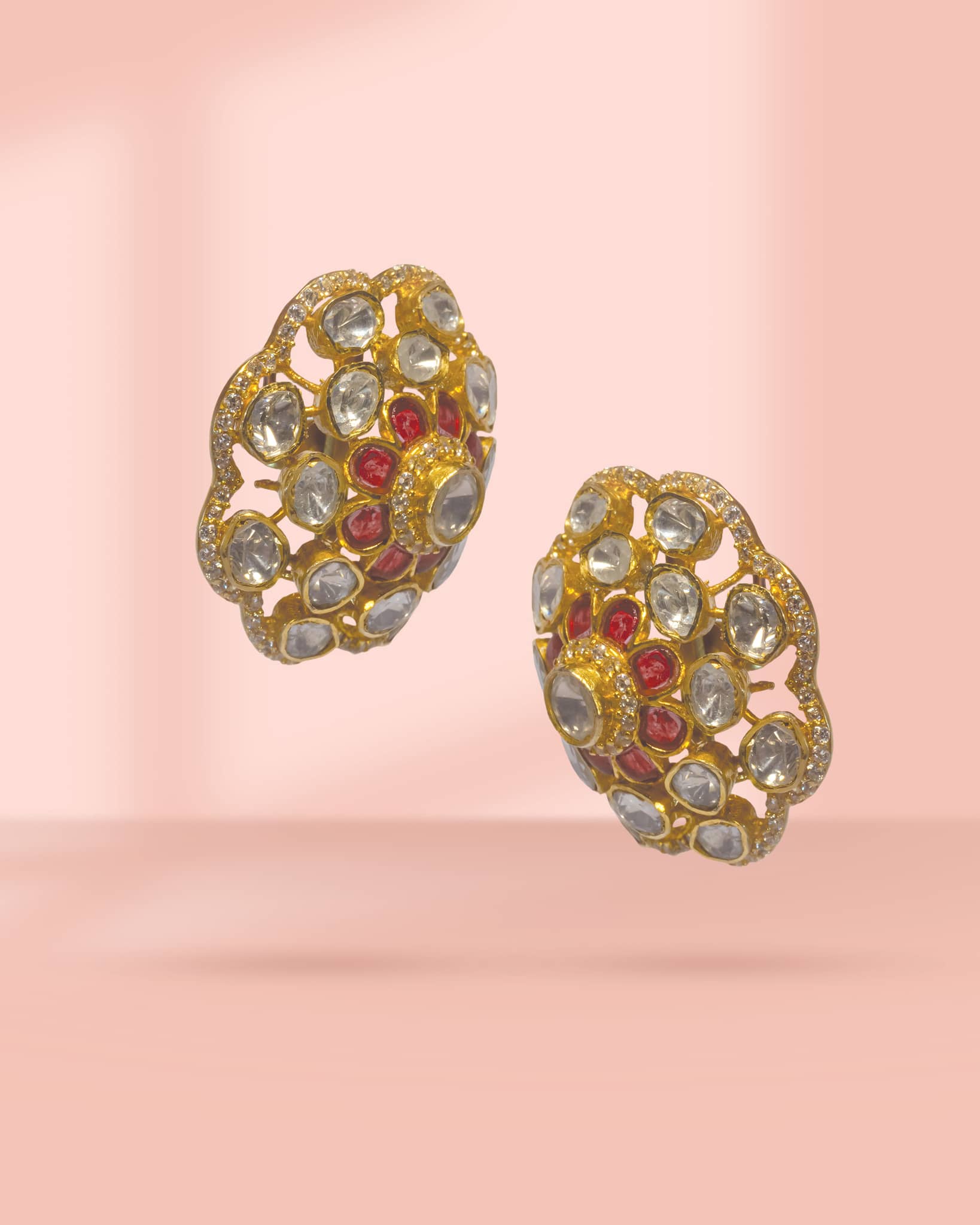 Premium 925 Sterling Silver Gold Plated Polki Floral Studs | Ruby Red Jadau Earrings