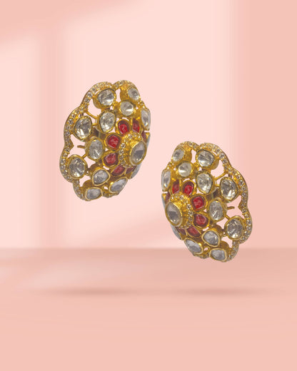 Premium 925 Sterling Silver Gold Plated Polki Floral Studs | Ruby Red Jadau Earrings