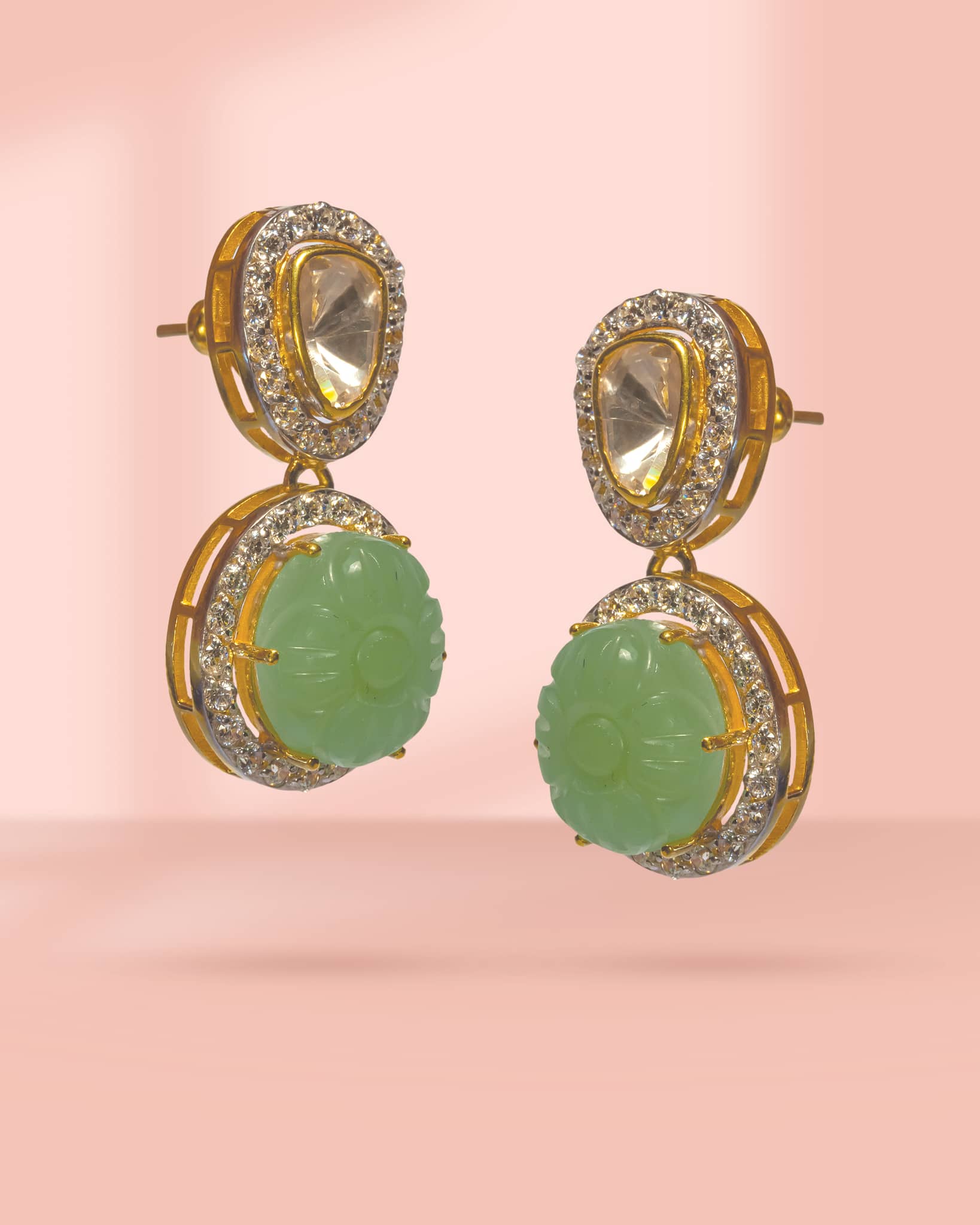 Premium 925 Sterling Silver Gold Plated Carved Green Stone Drop Earrings | Polki & AD Halo Design
