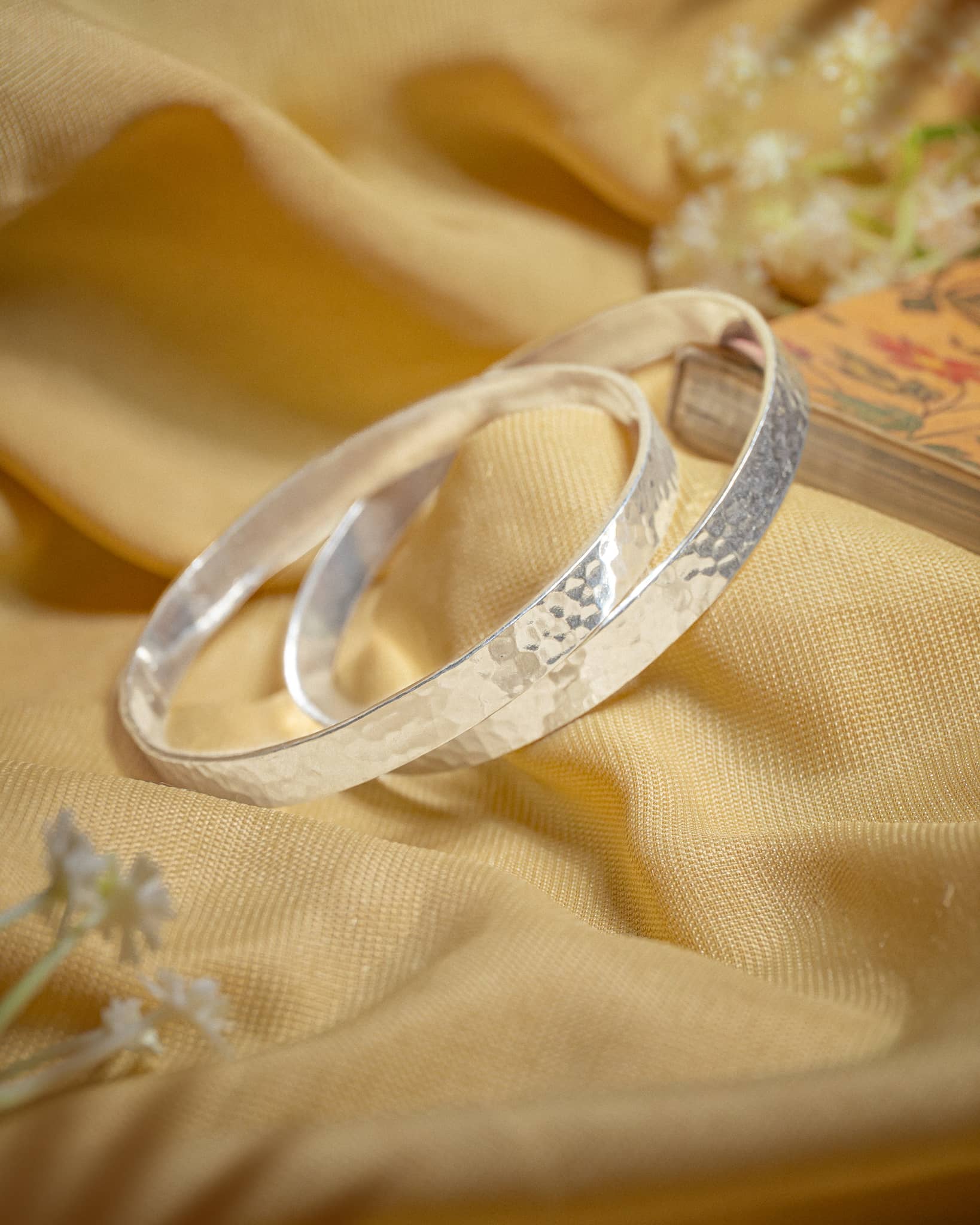 92.5 Sterling Silver Hammered Finish Flat Bangles (Pair) | Textured Artisan Chudi