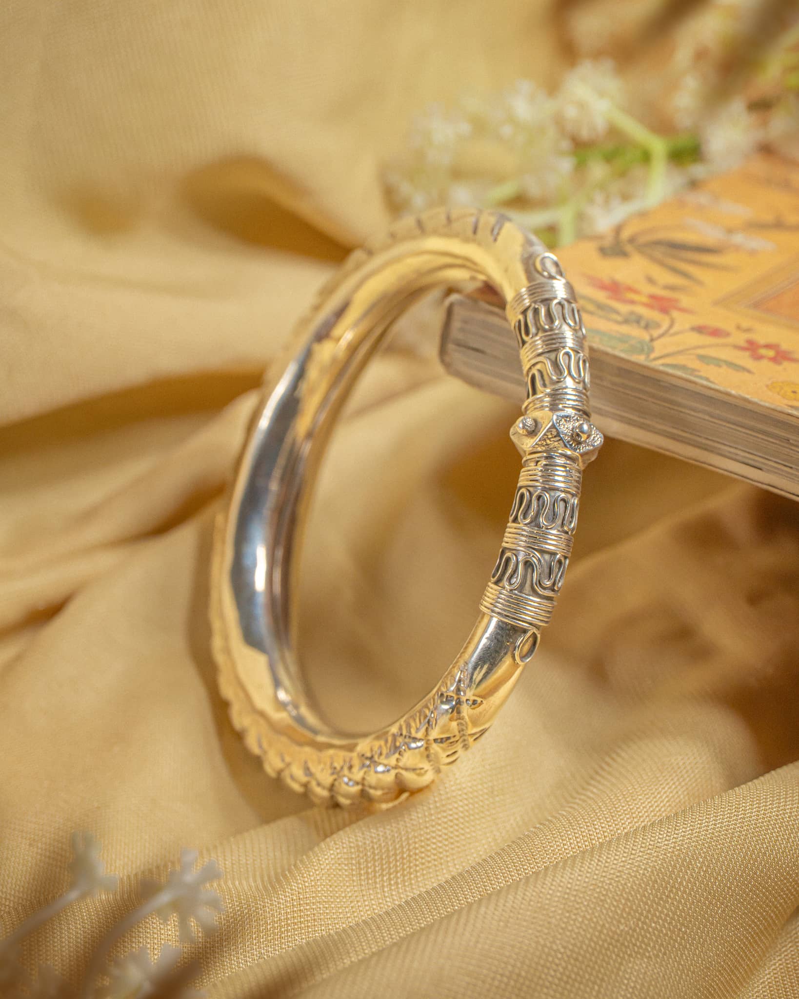 92.5 Sterling Silver Antique Carved Kada | Traditional Oxidized Nakshi Bangle