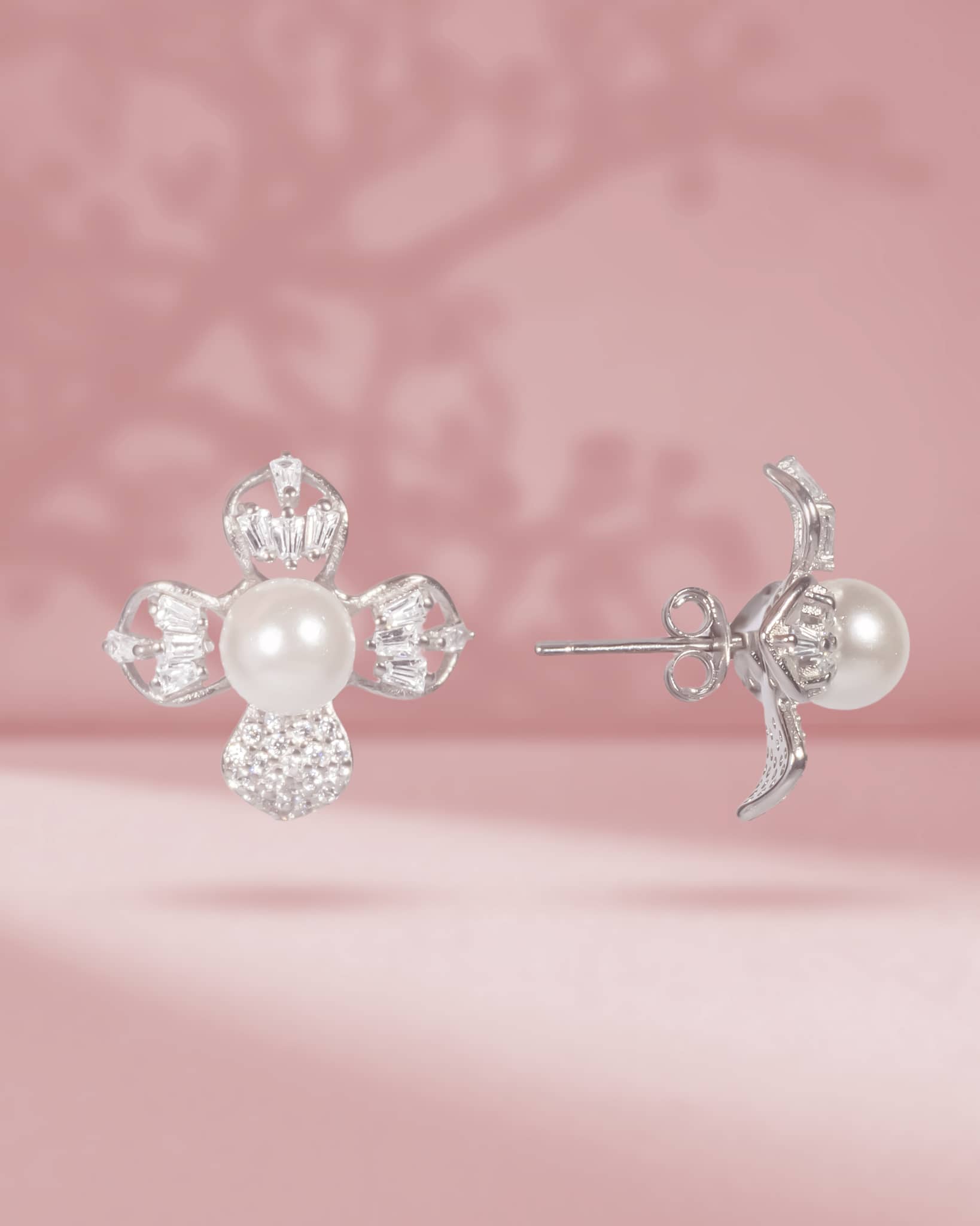 925 Sterling Silver Pearl & AD Geometric Floral Studs | Baguette & Round CZ Design