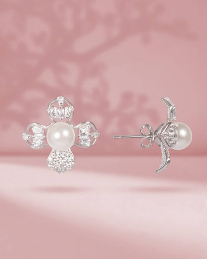 925 Sterling Silver Pearl &amp; AD Geometric Floral Studs | Baguette &amp; Round CZ Design