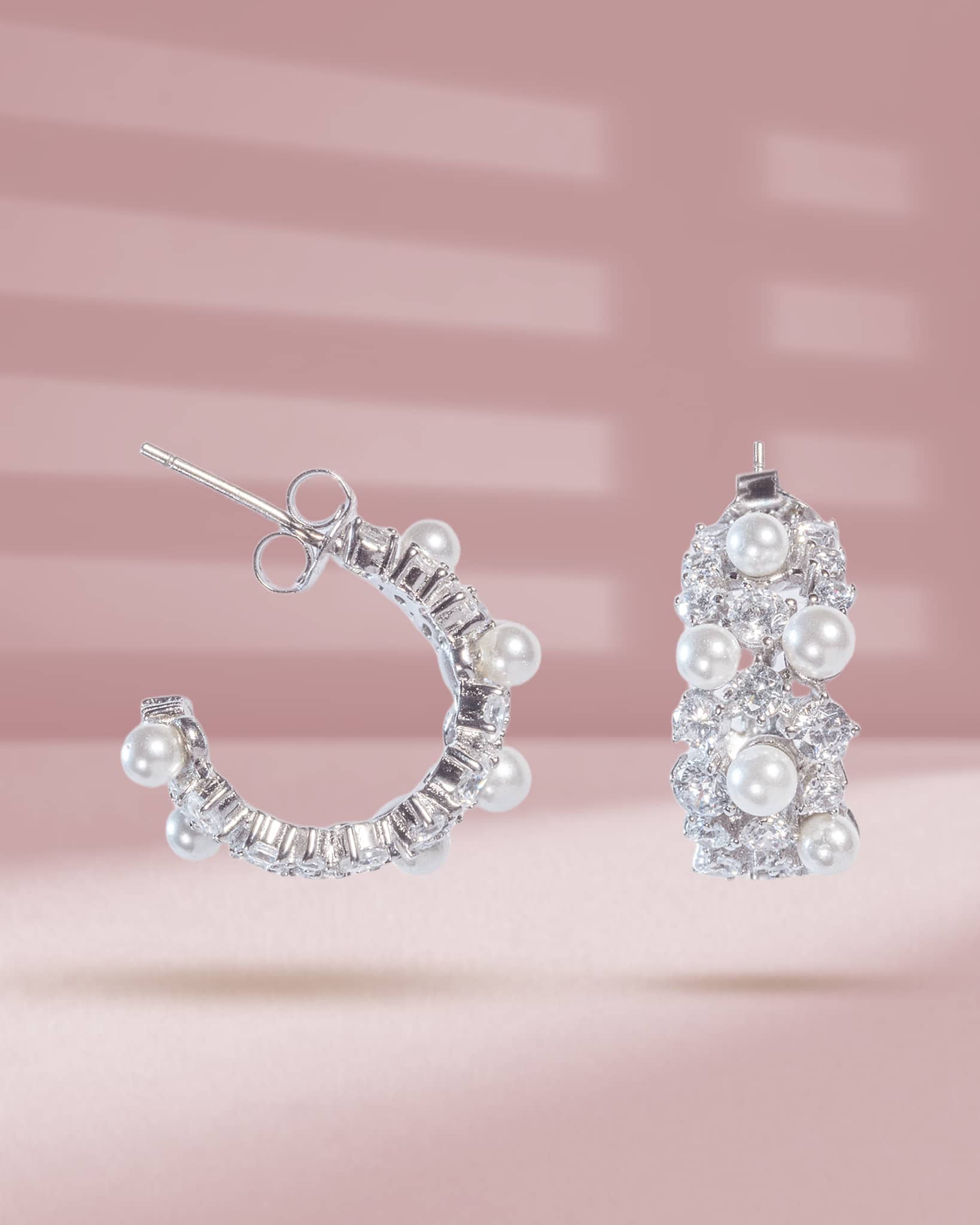 Premium 925 Sterling Silver Pearl & AD Hoop Earrings | Luxury Broad Half-Bali