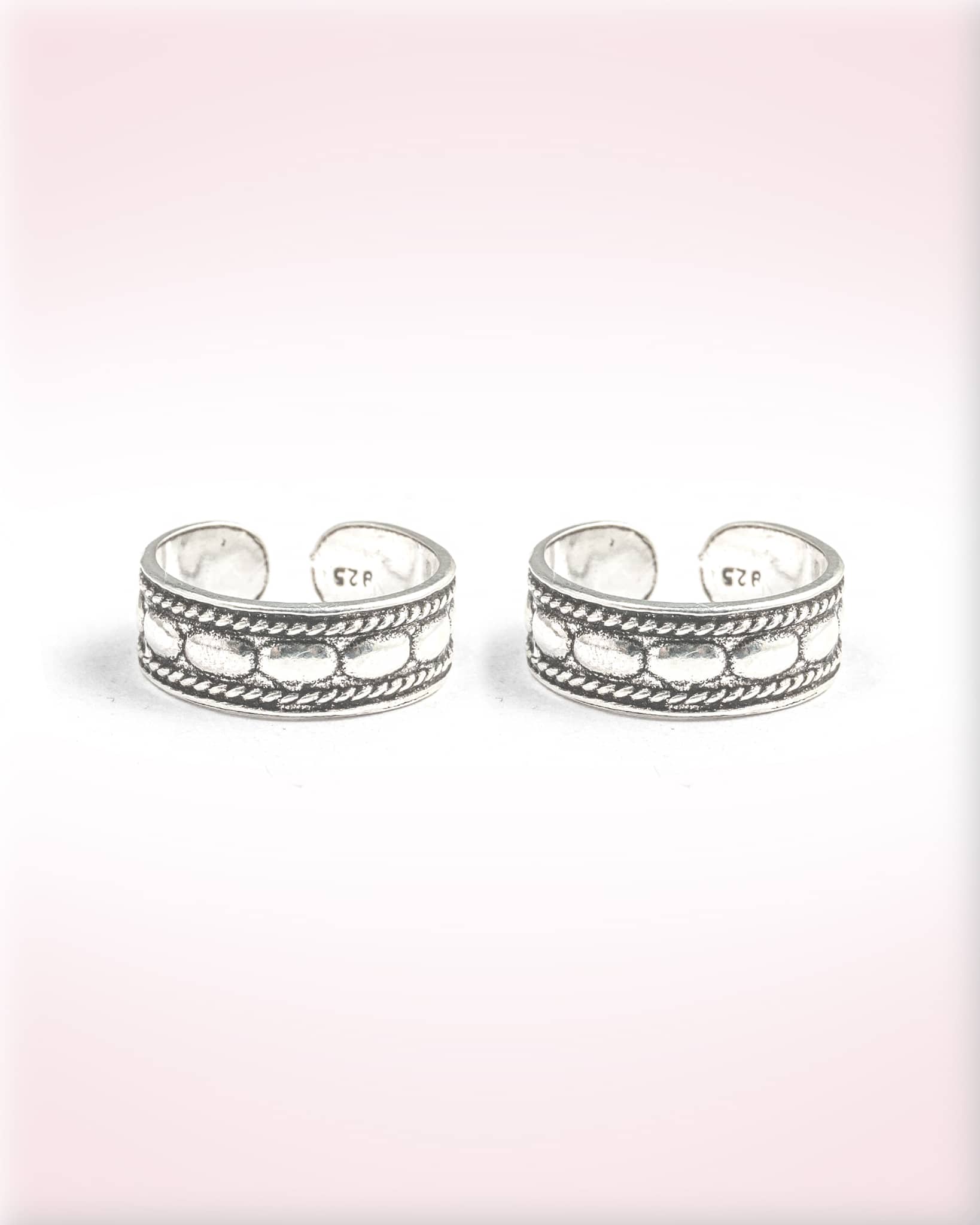 92.5 Sterling Silver Oxidized Oval Bead & Rope Band Toe Rings | Antique Rice Grain Bichhiya