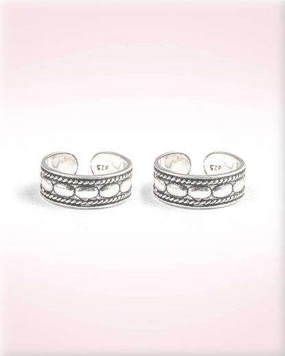 92.5 Sterling Silver Oxidized Oval Bead &amp; Rope Band Toe Rings | Antique Rice Grain Bichhiya