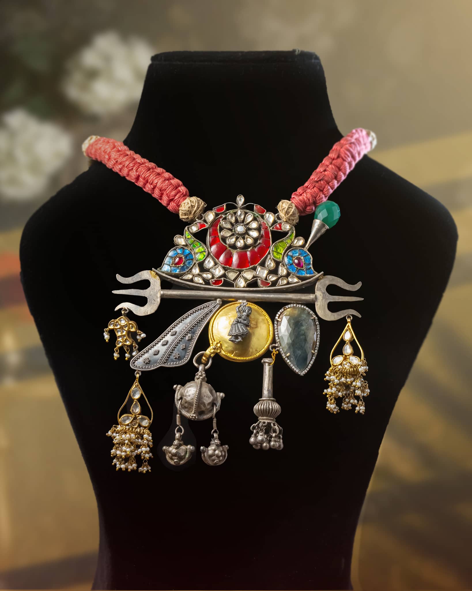 92.5 Sterling Silver Tribal Fusion Trishul Necklace | Pink Dori Charm Statement Piece