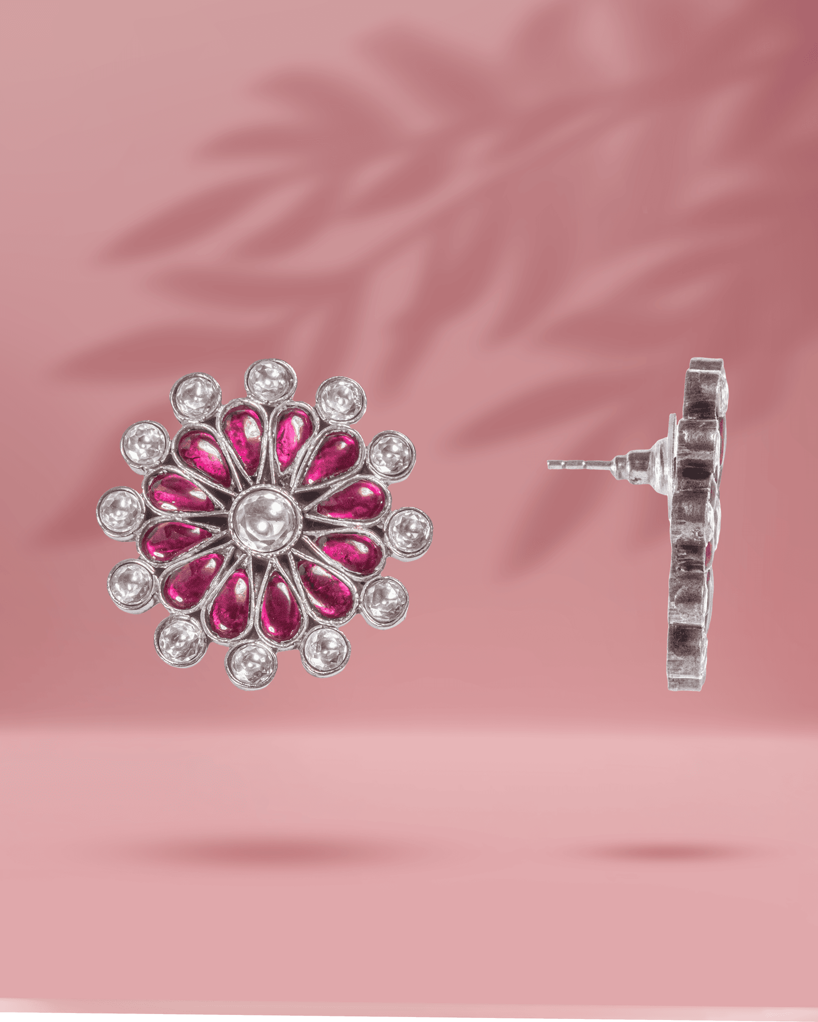 925 Sterling Silver Floral Statement Studs | Ruby Pink & White Polki Style Earrings