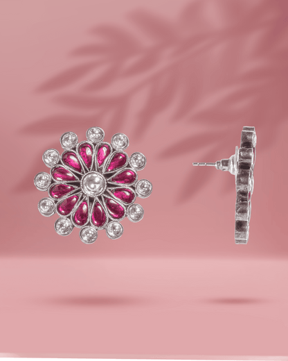 925 Sterling Silver Floral Statement Studs | Ruby Pink &amp; White Polki Style Earrings