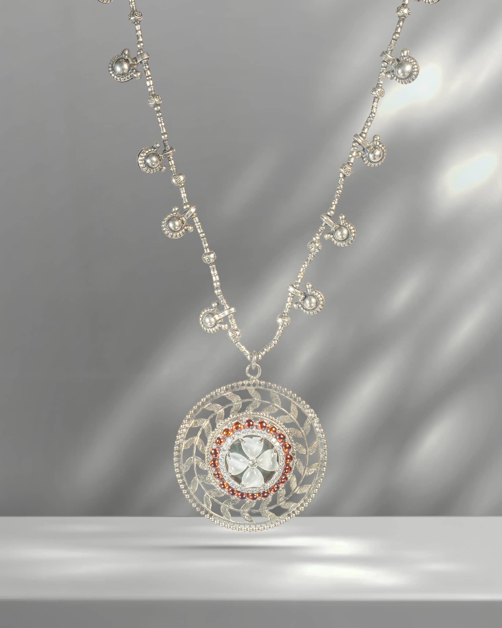 Oxidized 925 Sterling Silver Round Floral Pendant Necklace with Red & White Stones | Long Traditional Chain