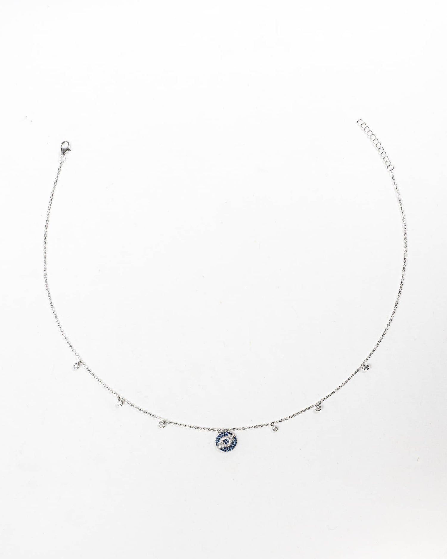 92.5 Sterling Silver Round Pave Evil Eye Necklace | Blue CZ Disc Station Chain