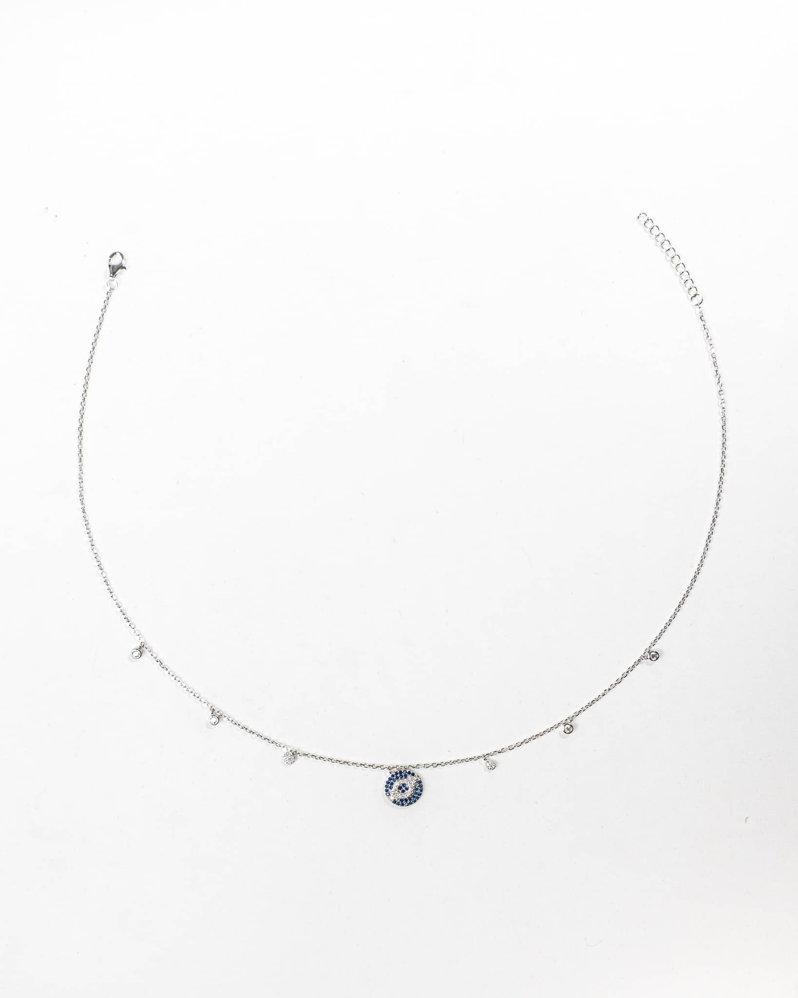92.5 Sterling Silver Round Pave Evil Eye Necklace | Blue CZ Disc Station Chain