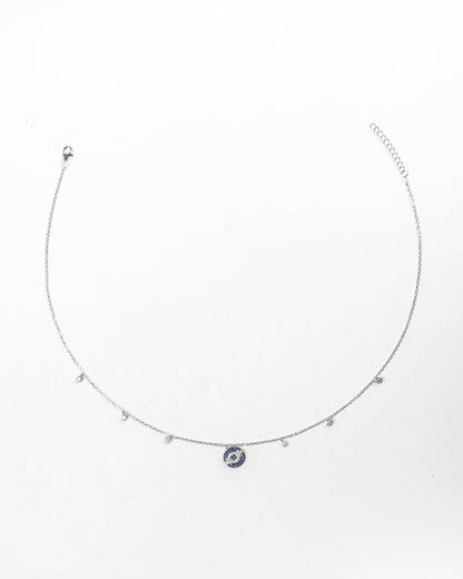 92.5 Sterling Silver Round Pave Evil Eye Necklace | Blue CZ Disc Station Chain