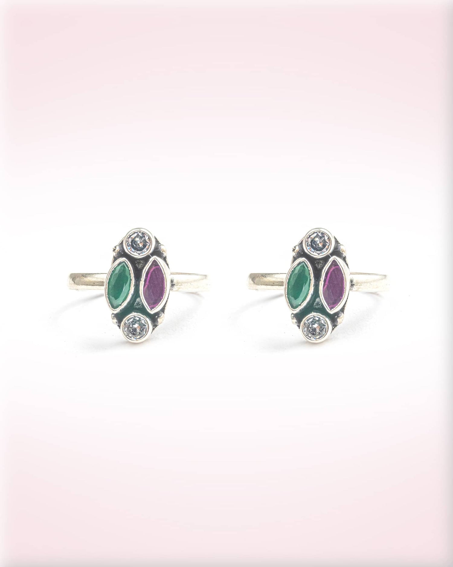 92.5 Sterling Silver Multi-Color 4-Stone Toe Rings | Green &amp; Purple Oxidized Bichhiya